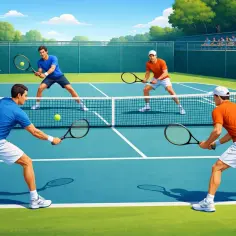 Czterech mężczyzn gra w debel tenis na niebieskim korcie. Słońce świeci, a widzowie obserwują z trybun.
