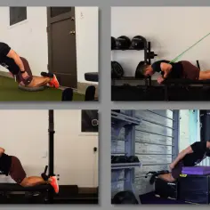 Mężczyzna wykonuje ćwiczenie nordic hamstring curl, angażując mięśnie dwugłowe uda. Warianty z taśmą oporową i obciążeniem.