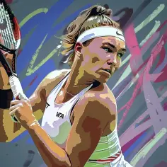 Zdeterminowana tenisistka z rakietą w dłoni, gotowa do gry w turnieju WTA. Dynamiczne pociągnięcia pędzla podkreślają jej skupienie.